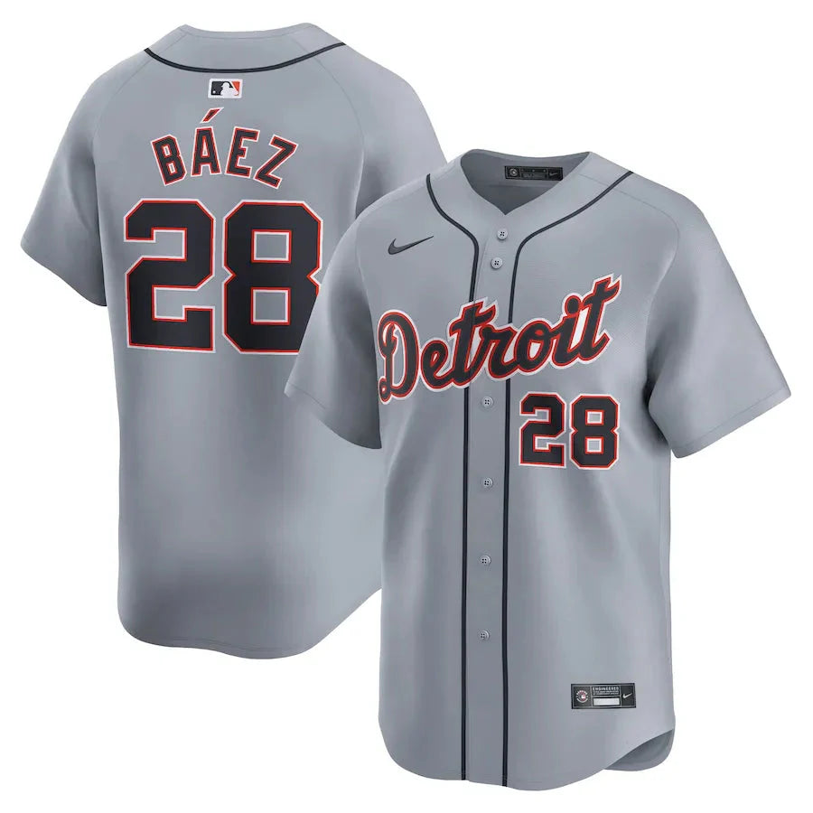 Jersey MLB Detroit Tigers Gray Javier Baez 28 Road Limited Torcedor Masculina Cinza
